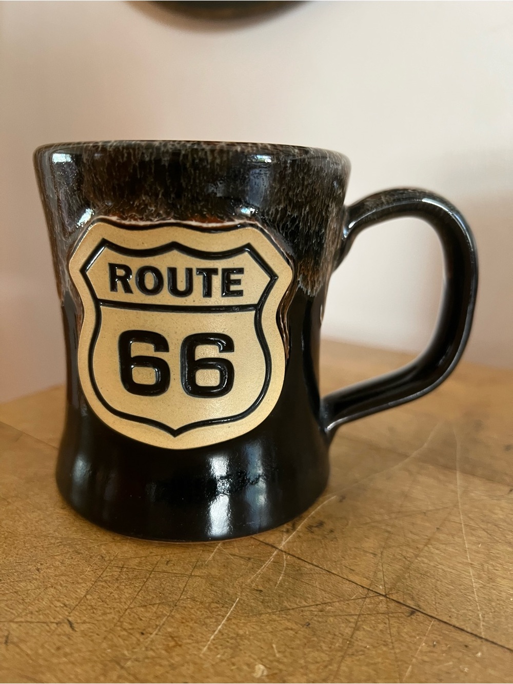 Route 66 Black Ceramic Coffee Mug with Tan Shield Emblem